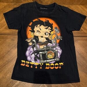 Betty Boop Motorcycle Graphic T-Shirt Black Biker Short‎ Sleeve Tee Small 2023